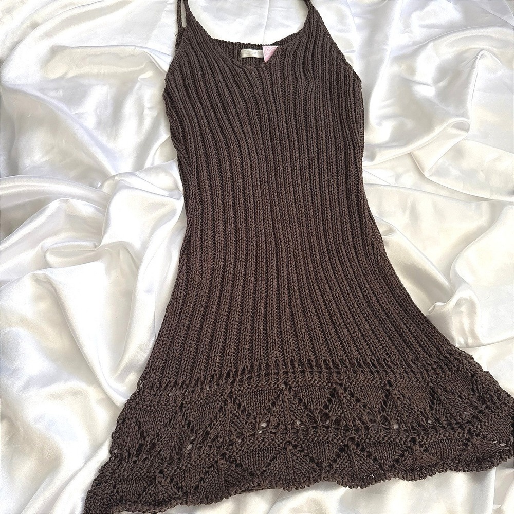 Promod Brown Knit Mini Dress Crochet Hem Spaghetti Strap Ribbed Sleeveless Large